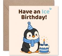 Tarjeta de cumpleaños de pingüino - Deseándote un día de hielo - Bonito sombrero de fiesta con pastel de cumpleaños y bufanda de invierno - Diversión punny para celebraciones frías - Cuadrado de 145