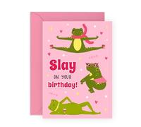 Tarjeta de cumpleaños de rana animadora - Slay on Your Birthday! - Bonita y atrevida tarjeta de felicitación para amigos, hermanas, mejores amigas, mejores amigas, novia, colegas, compañeros de