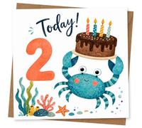 Tarjeta de cumpleaños de segundo cumpleaños para niño, bonito cangrejo sosteniendo pastel de chocolate con velas, tarjeta de cumpleaños infantil con temática oceánica