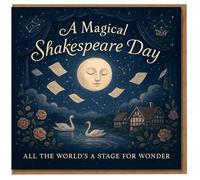 Tarjeta de cumpleaños de Shakespeare, un día mágico de Shakespeare, escena de teatro iluminada por la luna con cisnes y rosas, "All the World's a Stage for Wonder", para amantes de la literatura y el