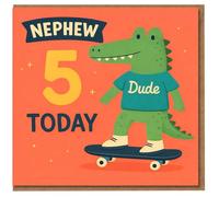 Tarjeta de cumpleaños de sobrino para 5º cumpleaños - Lindo cocodrilo en patineta con camiseta "Dude" - Tarjeta de cumpleaños para niños con texto en inglés "Nephew 5 Today"