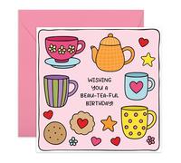Tarjeta de cumpleaños de té - Bonito diseño de tazas y galletas para amigas, madres, hermanas, abuelas, colegas, amantes del té, compañeras de oficina, compañeras de equipo, mejores amigas, mejores