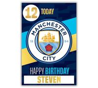 Tarjeta de cumpleaños del Manchester City Football Club, incluye pegatinas para personalizar tu edad y nombre, color azul