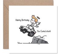 Tarjeta de cumpleaños descarada - Ángel descarado toma un paseo salvaje - Escena de acantilado de coche de dibujos animados con broma audaz de "Cupid Stunt" - Seguro que despertará una risa - cuadrado