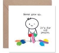Tarjeta de cumpleaños descarada, Never Grow Up | Figura de palo de dibujos animados con sugerente fiesta de globos, humor divertido para los jóvenes de corazón