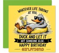 Tarjeta de cumpleaños descarada para novia, Ducking Out of Life's Troubles | Gafas de sol relajadas con diseño de pato descansando en un flotador de piscina, cuadrado de 145 mm, sobre incluido