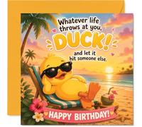 Tarjeta de cumpleaños descarada - Take It Easy and Let Life Roll by - Dibujos animados de pato relajándose en una playa tropical con cóctel y puesta de sol - cuadrado de 145 mm, sobre incluido
