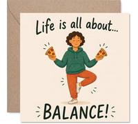 Tarjeta de cumpleaños divertida - Celebra el arte del equilibrio - Postura de yoga de dibujos animados con rodajas de pizza - Humor alegre para los amantes de la comida - Cuadrado de 145 mm, sobre