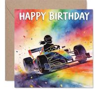 Tarjeta de cumpleaños divertida - Comienza su cumpleaños con una explosión de color - Silueta de coche de carreras arcoíris en un fondo vibrante - cuadrado de 145 mm, sobre incluido