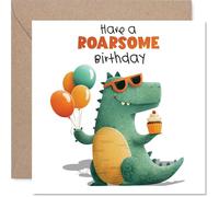 Tarjeta de cumpleaños divertida con texto en inglés "Bring on the Giggles", dinosaurio con globos y diseño de magdalenas, rebosante de alegría de cumpleaños, cuadrada de 145 mm, sobre incluido