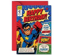 Tarjeta de cumpleaños divertida - Da rienda suelta a tu héroe interior - Diseño audaz de superhéroe de estilo cómic lleno de colores vibrantes - Potencia cualquier celebración - A5, sobre incluido