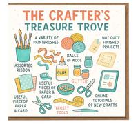 Tarjeta de cumpleaños divertida de The Crafter's Treasure Trove para amantes de las manualidades, tejedores y fabricantes, ilustración de pinceles, lana y pegamento