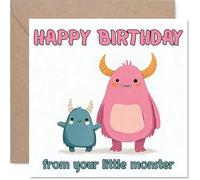 Tarjeta de cumpleaños divertida - Grandes deseos de cumpleaños de tu pequeño monstruo - Criaturas de dibujos animados rosa y azul que aportan un ambiente descarado - cuadrado de 145 mm, sobre incluido