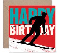 Tarjeta de cumpleaños divertida - Hit the Slopes con estilo - silueta atrevida de esquiador en rojo vibrante - Vibraciones de cumpleaños energéticas para los amantes del deporte - Cuadrado de 145 mm