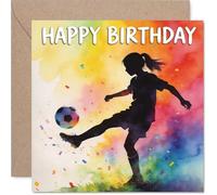 Tarjeta de cumpleaños divertida - Kick off their Birthday with a Bang - Vibrante diseño de acuarela de fútbol lleno de energía - perfecta para los amantes del deporte - cuadrado de 145 mm, sobre