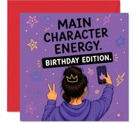 Tarjeta de cumpleaños divertida - Own the Spotlight - Diseño de corona y estrellas con audaz "Main Character Energy", cuadrado de 145 mm, sobre incluido