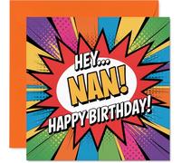 Tarjeta de cumpleaños divertida para abuela, llena de diversión de cumpleaños, diseño de explosión de cómic con un llamativo pop multicolor, seguro que hará sonreír a la abuela, cuadrada de 145 mm