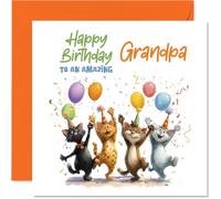 Tarjeta de cumpleaños divertida para abuelo, escena de fiesta de gatos alegres y globos, divertido motivo de celebración felina, seguro que levantará el espíritu del abuelo, cuadrado de 145 mm, sobre