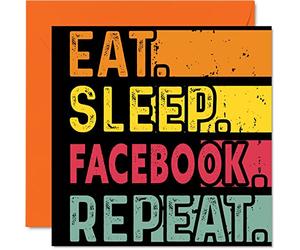 Tarjeta de cumpleaños divertida para ella o él, come, duerme, Facebook, repite, tarjetas de feliz cumpleaños para los amantes de los memes de las redes sociales, tarjetas de felicitación de cumpleaños