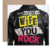 Tarjeta de cumpleaños divertida para esposa, atrevida y divertida, diseño de chaqueta de cuero con colores destacados, celebra a tu esposa con energía Rockstar, cuadrada de 145 mm, sobre incluido