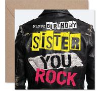 Tarjeta de cumpleaños divertida para hermana, energía grunge, colorido diseño "You Rock" para hermanas, hace que su cumpleaños se sienta extra épico, cuadrado de 145 mm, sobre incluido