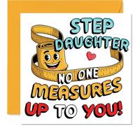 Tarjeta de cumpleaños divertida para hijastra, no se compara nadie, cinta métrica y diseño de cara sonriente, toque juguetón con un gran corazón, cuadrado de 145 mm, sobre incluido