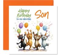 Tarjeta de cumpleaños divertida para hijo, gatos amantes de la fiesta y globos en un montón de color, diseño divertido festivo, garantizado para traer alegría de cumpleaños, cuadrado de 145 mm, sobre