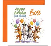 Tarjeta de cumpleaños divertida para jefe, patas de día de trabajo y vibraciones de fiesta, perros juguetones con globos y confeti, una manera alegre de celebrar a tu jefe, cuadrada de 145 mm, sobre