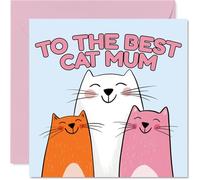 Tarjeta de cumpleaños divertida para mamá, celebración perfecta de ronroneos, tres alegres gatos de dibujos animados sobre un fondo brillante, día de la madre, cuadrado de 145 mm, sobre incluido