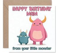 Tarjeta de cumpleaños divertida para mamá, de tu pequeño monstruo, lindos monstruos de dibujos animados en rosa y azul, una forma descarada de mostrar a mamá que es amada, cuadrada de 145 mm, sobre