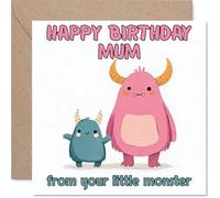 Tarjeta de cumpleaños divertida para mamá, deseos de cumpleaños monstruosamente divertidos, bonito diseño de monstruo rosa y azul con mensaje peculiar, seguro que hará sonreír a mamá - Cuadrado de 145