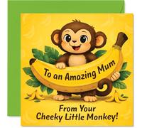 Tarjeta de cumpleaños divertida para mamá, diseño de mono descarado, lindo mono de dibujos animados sosteniendo un plátano con amarillo y verde, día de la madre, cuadrado de 145 mm, sobre incluido