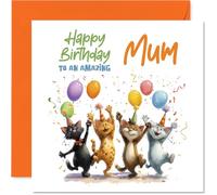 Tarjeta de cumpleaños divertida para mamá, festividades felinas para una madre purrfecta, cuatro gatos alegres con globos y confeti, cuadrada de 145 mm, sobre incluido