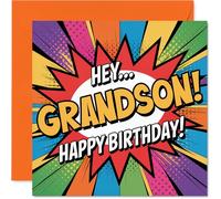 Tarjeta de cumpleaños divertida para nieto, llena de energía de cumpleaños, vibrante tarjeta de estilo cómic con detalles naranjas atrevidos, cuadrada de 145 mm, sobre incluido