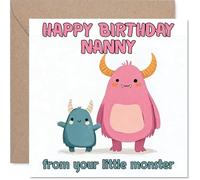 Tarjeta de cumpleaños divertida para niñera, de tu pequeño monstruo, lindos monstruos de dibujos animados en rosa y azul, una forma descarada de hacer sonreír a la niñera, cuadrada de 145 mm, sobre