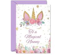 Tarjeta de cumpleaños divertida para niñera, espolvorea un poco de magia, unicornio caprichoso y obras de arte florales en rosa y dorado, tamaño A5, sobre incluido