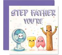 Tarjeta de cumpleaños divertida para padrastro - Vibes alegres para tu padrastro - Bonitos personajes de dibujos animados en tonos pastel, día del padre - 145 mm cuadrado, sobre incluido