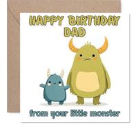 Tarjeta de cumpleaños divertida para papá - de tu pequeño monstruo - Lindo dúo de monstruos de dibujos animados en verde brillante y azul - 145 mm cuadrada, sobre incluido