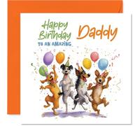 Tarjeta de cumpleaños divertida para papá, perros que se vuelven salvajes para papá, escena de cumpleaños vibrante con globos y confeti, seguro que despertará sonrisas, cuadrado de 145 mm, sobre