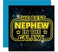 Tarjeta de cumpleaños divertida para sobrino, diversión fuera de este mundo, diseño de espacio y estrellas con mensaje audaz "Best Nephew in the Galaxy", cuadrado de 145 mm, sobre incluido