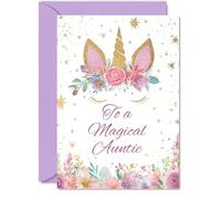 Tarjeta de cumpleaños divertida para tía, difunde un poco de magia, diseño caprichoso de unicornio y flores en rosa, dorado y morado, seguro que traerá una sonrisa a su día, A5, sobre incluido