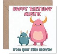 Tarjeta de cumpleaños divertida para tía, travesura de monstruo juguetón, bonito diseño de dibujos animados rosa y azul con giro cariñoso, cuadrado de 145 mm, sobre incluido