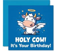 Tarjeta de cumpleaños divertida - Sorpresa de cumpleaños celestial - vaca de dibujos animados con alas y halo trae un toque descarado - Seguro que levantará espíritus - cuadrado de 145 mm, sobre