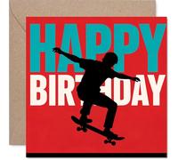 Tarjeta de cumpleaños divertida - Vibraciones de patinador en rojo intenso - Diseño de truco de silueta que añade energía extra - Ideal para los fanáticos del monopatín - Cuadrado de 145 mm, sobre