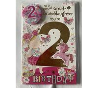Tarjeta de cumpleaños "Express Yourself" para bisnieta de 2 años, sobre e insignia incluidos, diseño animado con diseño de niña pequeña y unicornio