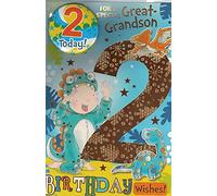 Tarjeta de cumpleaños "Express Yourself" para bisnieto de 2 años, incluye insignia y sobre, diseño animado de niño de 2 años y dinosaurio mejores amigos en una fuente azul para él