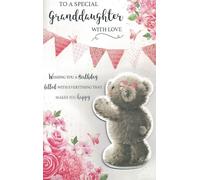 Tarjeta de cumpleaños grande especial para nieta, 30,5 x 20,3 cm, diseño floral rosa con oso de peluche