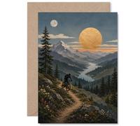 Tarjeta de cumpleaños inspiradora - Adventure Awaits - Ciclista montando un sendero de montaña con sol y luna - perfecta para cualquier persona que sueña en grande - 5 x 7 pulgadas, sobre incluido