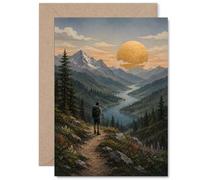 Tarjeta de cumpleaños inspiradora - Chase New Horizons - Senderista escénico en camino de montaña con puesta de sol dorada - Diseño lleno de aventura para los amantes de la naturaleza - 5 x 7 pulgadas