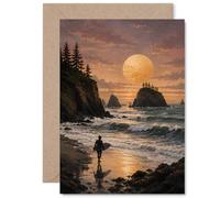 Tarjeta de cumpleaños inspiradora - Paseo pacífico al atardecer - Silueta de surfista en un paisaje de playa brillante - Captura un reflejo tranquilo y silencioso - 5 x 7 pulgadas, sobre incluido